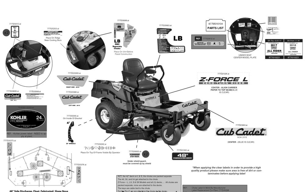 Label Map Diagram and Parts List for Z-FORCEL48KH (17RSDALB010)(2018) Cub Cadet Lawn Tractor